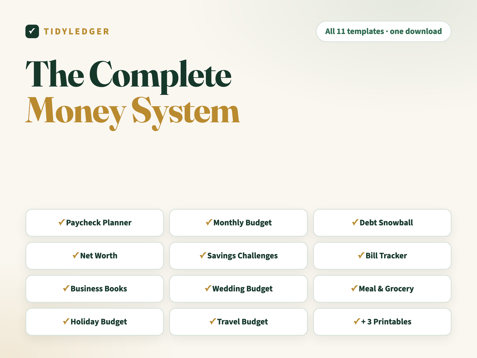 The Complete Money System — all 11 TidyLedger templates