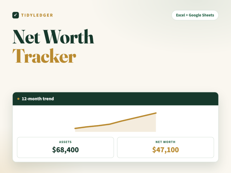 Net Worth Tracker spreadsheet — 12 month trend and asset mix